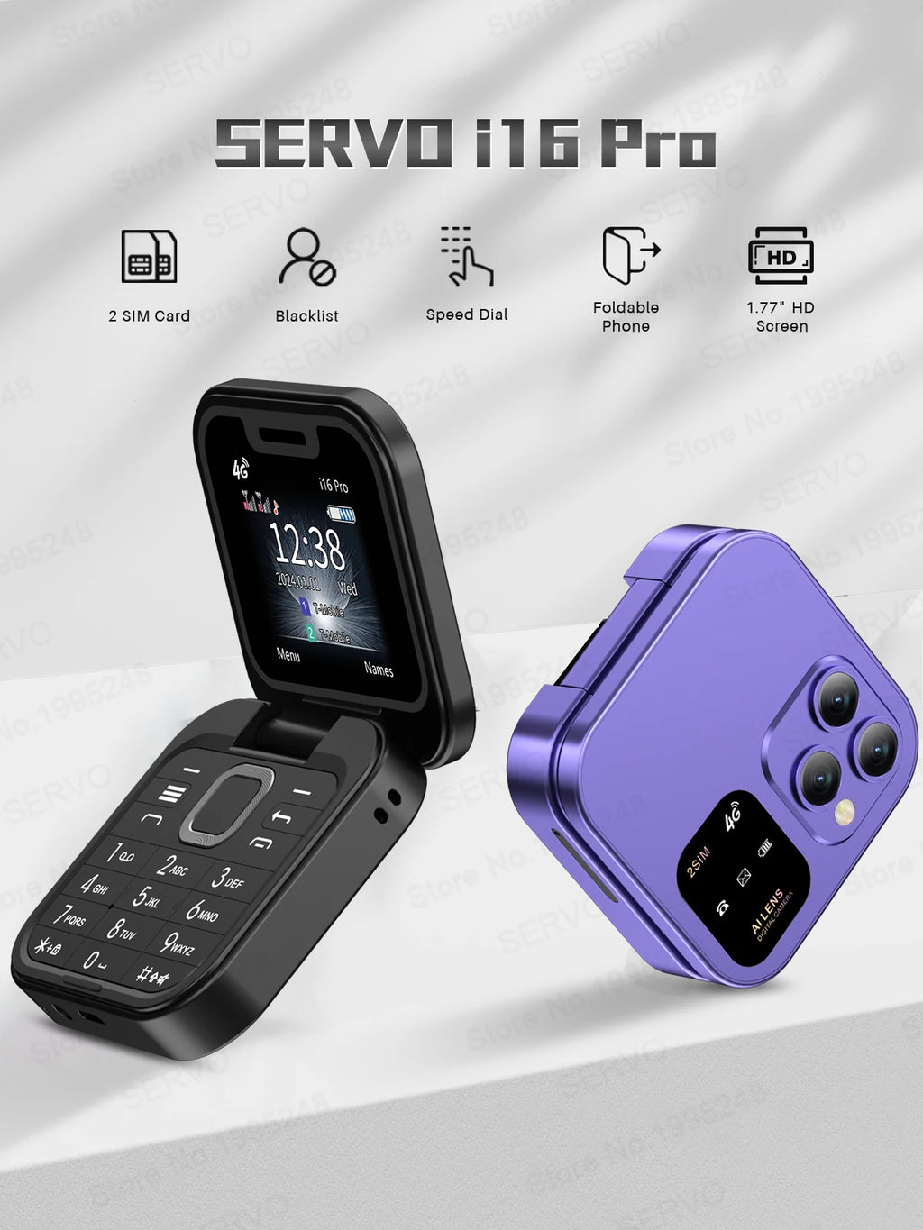 SERVO i16 Pro 4G LTE Mini Flip Mobile Phone Dual SIM Standby Call Recording Speed Dial FM Radio Blacklist Small Fold Cellphones
