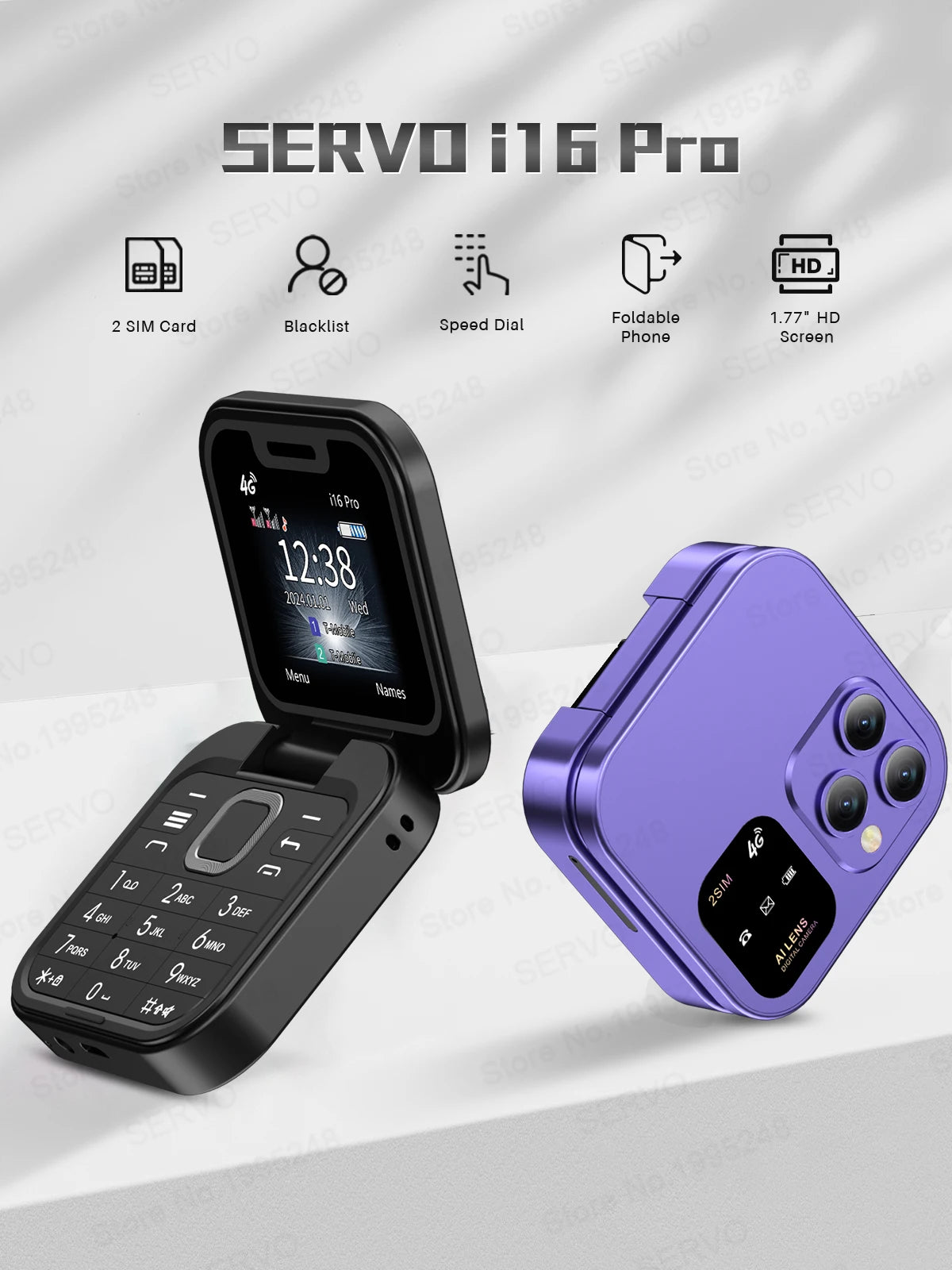 SERVO i16 Pro 4G LTE Mini Flip Mobile Phone Dual SIM Standby Call Recording Speed Dial FM Radio Blacklist Small Fold Cellphones