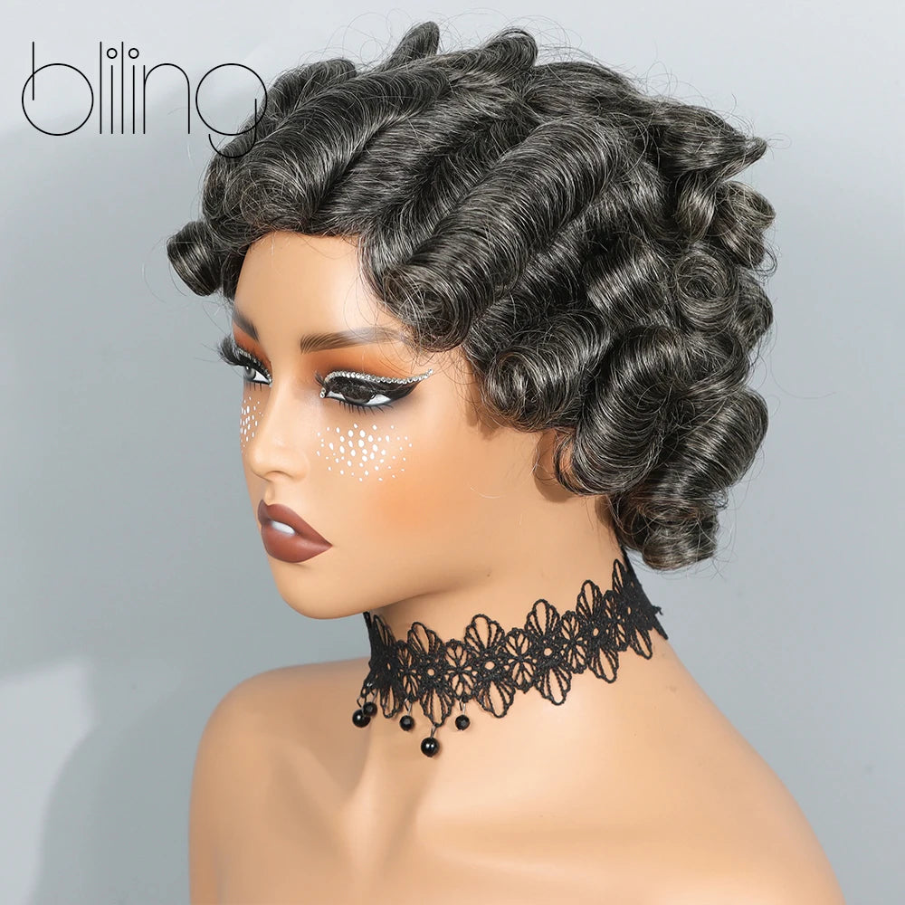 Salt and Pepper Pixie Cut Human Hair Wigs for Women Gray Hair Black Mixed With 60#Color for Daily Use Glueless Loose Wave Wigs