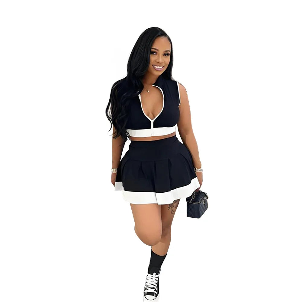 Women Two Piece Sets Shorts Skirt Set Zipper Sleeveless Sexy Tops Short Skirts A Line High Waist Y2k Streetwear Elegant Work