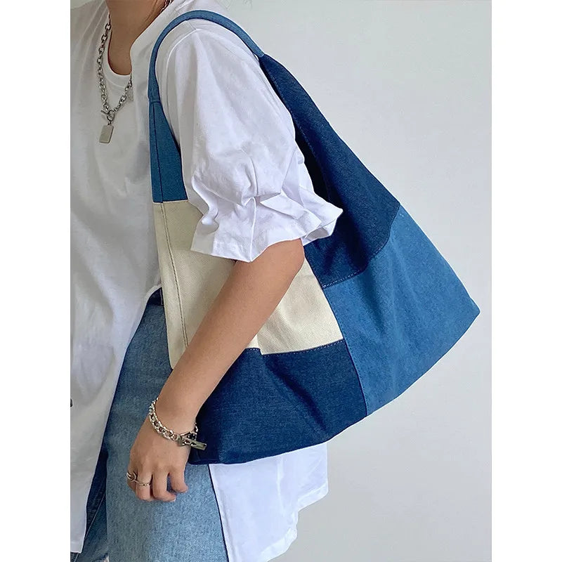 Patchwork Design Women Shoulder Bag Fashion Denim Female Handbags large capacity Jeans big Totes