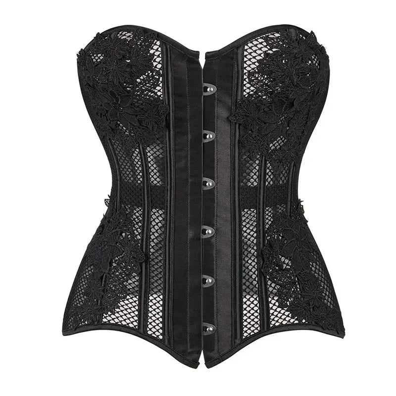 Women's Sexy Corsets and Bustiers Tops Plus Size Mesh Black Breathable Hollow Out Lingerie Corset Overbust Lace Up Corsets