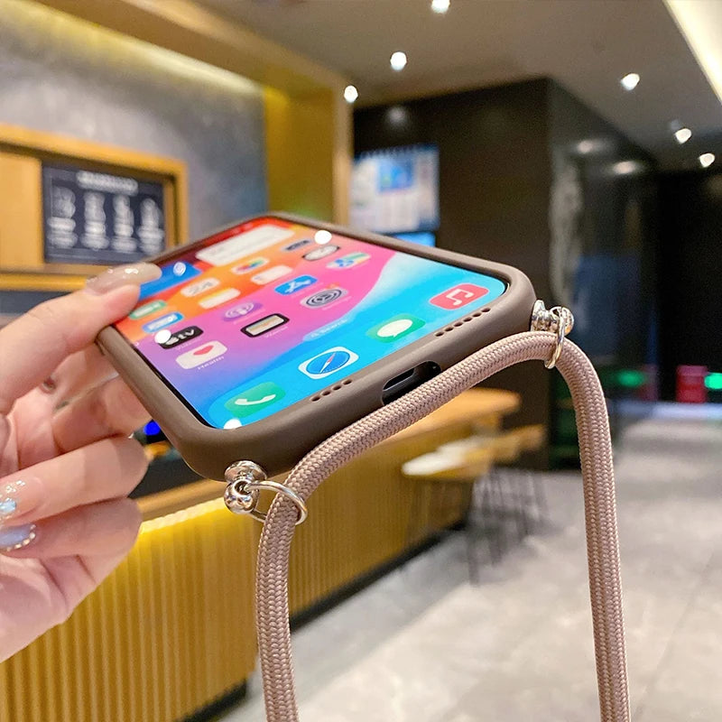 With Lanyard Love Phone Cases for IPhone 17 16 15 14 13 12 11 Pro Max Crossbody Silicone Back Cover