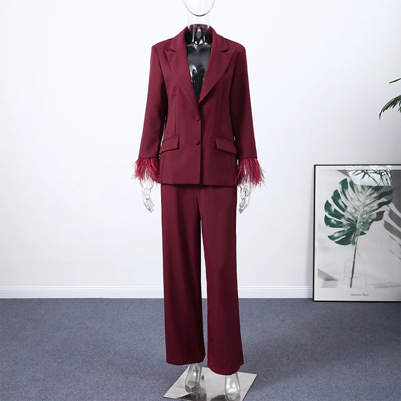 Elegant Feathers Women Blazer Pants Suit Lapel Button Coat Straight Wide Leg Trousers Lady Set 2026 Spring Female Outfits