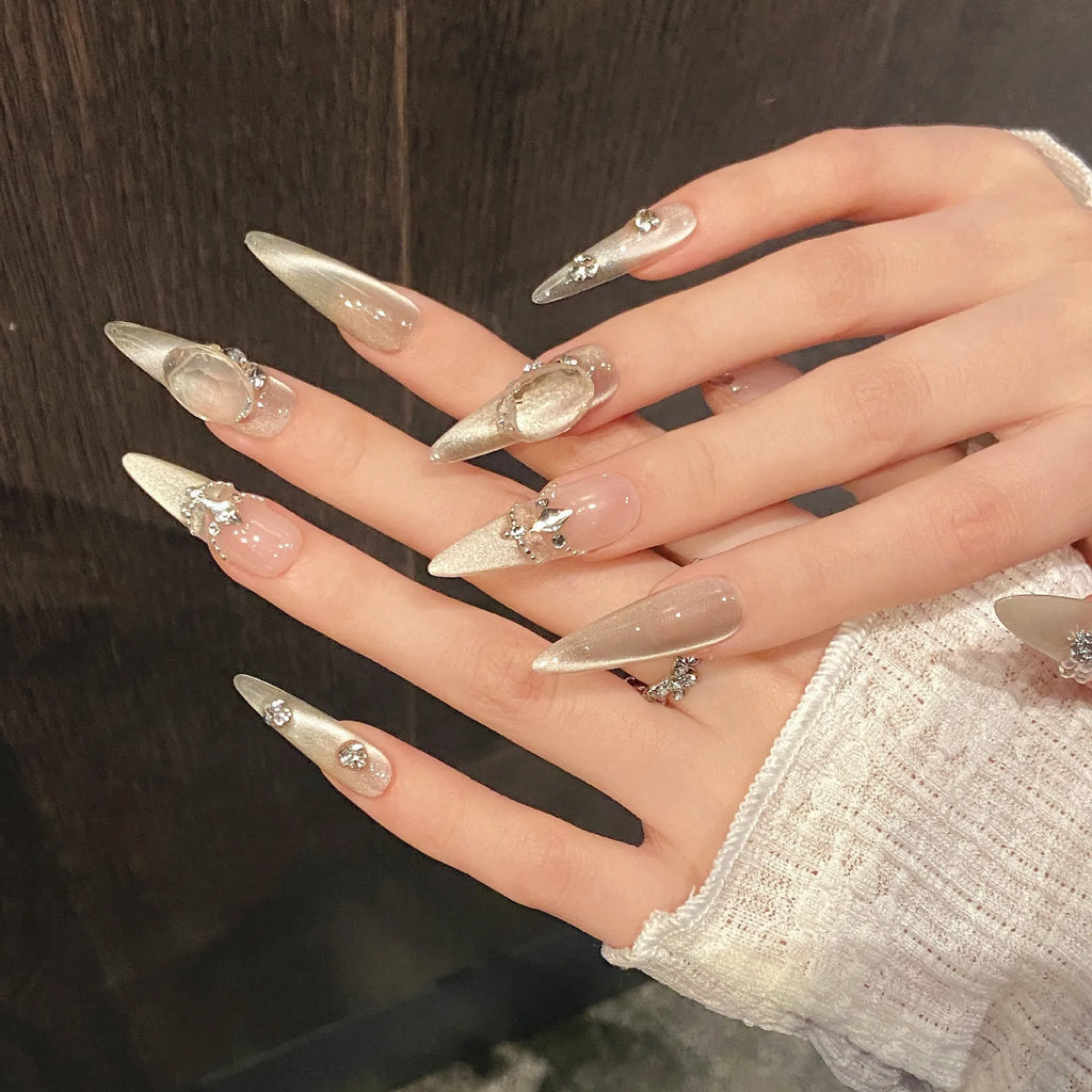 10pcs Nude Color Handmade Press On Nails Glossy Dimoand Champagne Color French False Nails Luxury Almond Simple Fake Nail Tips