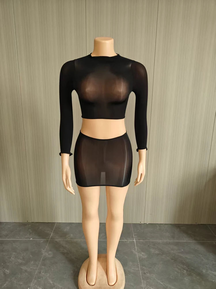 Crop Top and Skirt Set Outfits for Women Trending Spring Summer Clubwear Sexy Sheer Mesh Long Sleeve Mini Skirts Two Piece Sets