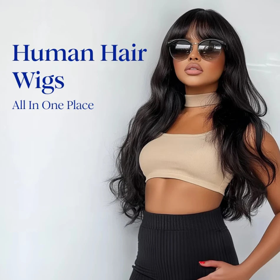 16A Glueless Body Wave Wig With Bangs Black Women's Human Hair Wig Without Glue Fully Machine Made Wig With Bangs Body Wave Wig