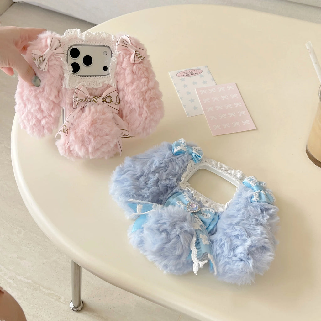 Plush Cute pink blue rabbit  Phone Case for IPhone17 16 15 14 13 Pro Max Soft Silicone Warm Fur Anti-drop luxury Back Cover