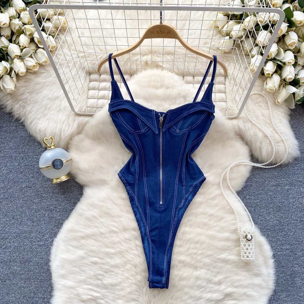 SINGREINY American Vintage Denim Bodysuits Spaghetti Strap Skinny Women Playsuits Fashion Streetwear Slim Sexy Zipper Rompers