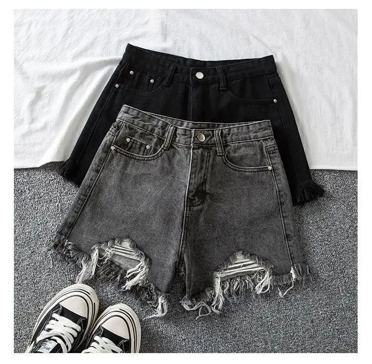 Denim Shorts Women High Waist Slender Korean Fashion Summer Frayed Buttons Zipper Tassel Loose Solid All-match Streetwear Chic
