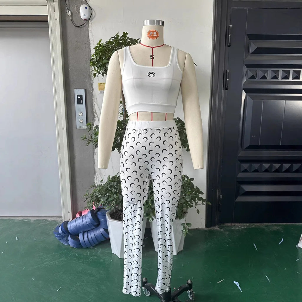 Y2K Two Piece Set Women Sexy Slim Fit Vest and Pants High Street Retro Crescent Print Matching Set