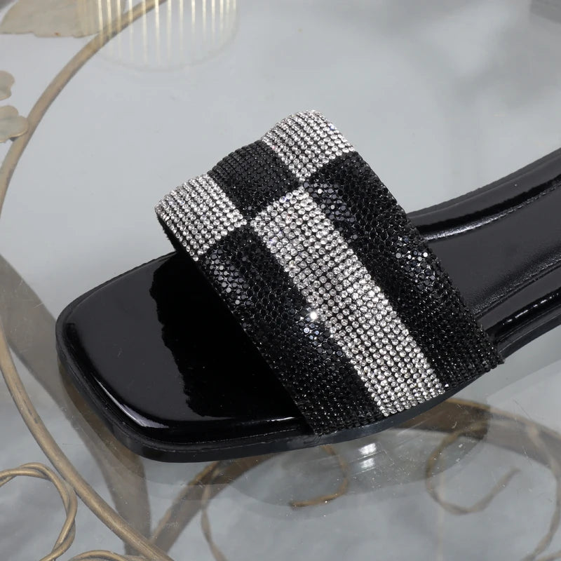 luxurious slippers 2025 rhinestone square toe fashion wear sandals  elegant flat bottom women's slippers black ladies shoes