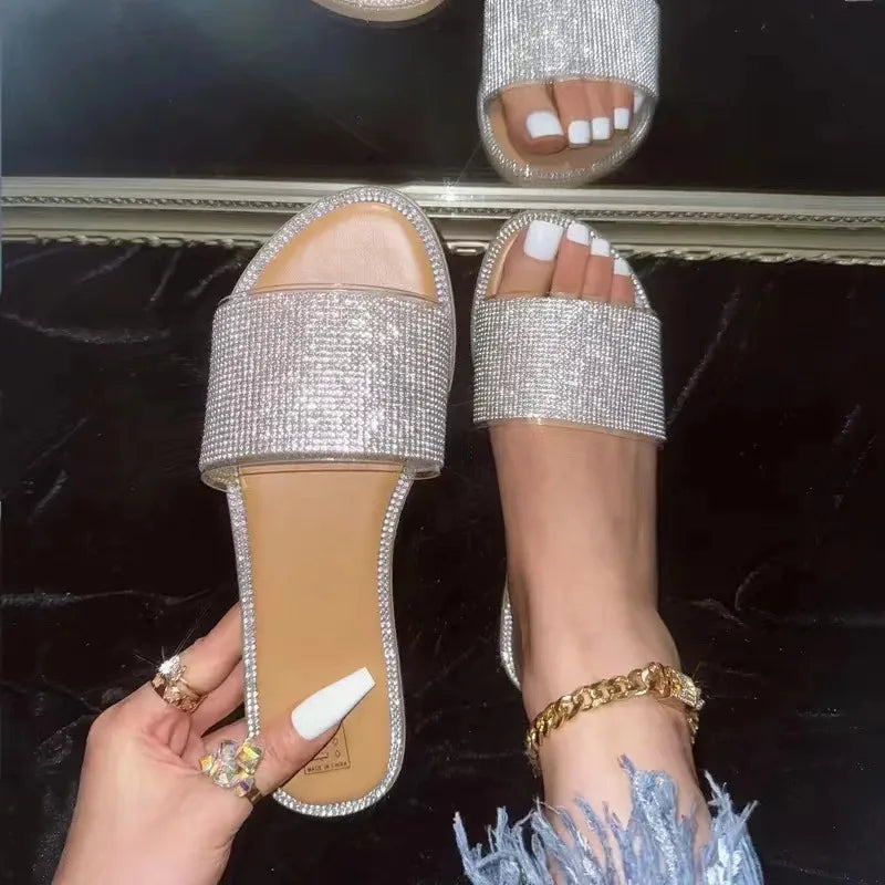 2024 New Shiny Rhinestone Fashion Ladies Slippers Outdoor Women Roman Shoes Flat Sandals Female Casual Beach Crystal Slides