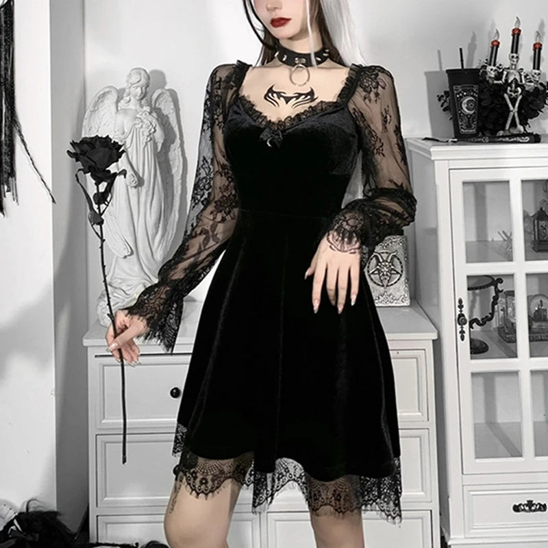 Women's Dress Gothic Style Female Dress Solid Color Lace Stitching V-Neck Long Flare Sleeve Party Clubwear For Ladies Y2k
