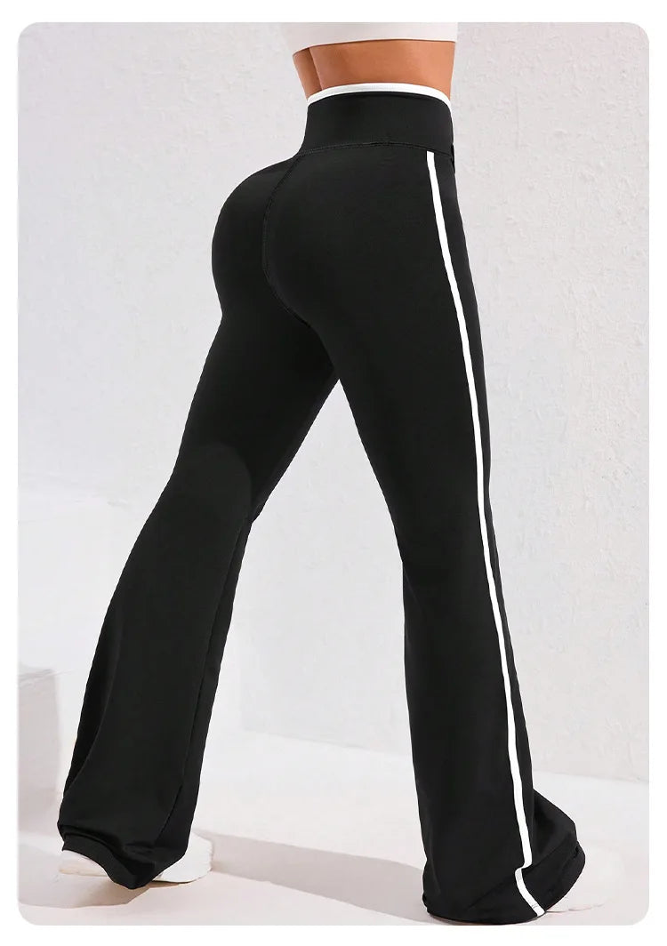 Side Stripe Flared Yoga Pants Women Cross Waist High Rise Butt Lifting Wide Leg Outdoor Slim Fit  Wicking Sportswear