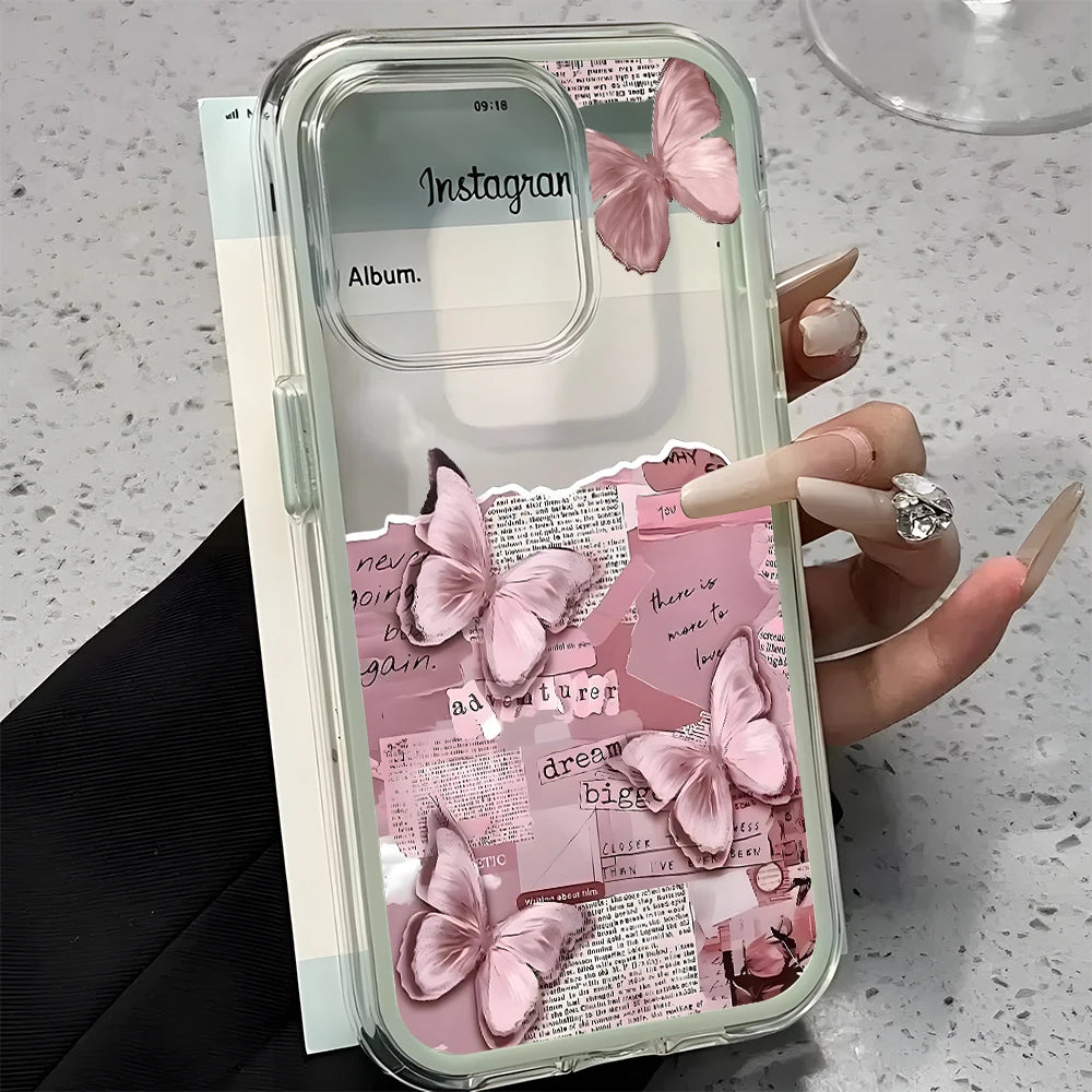 Pink Butterfly Collage Pattern Clear Phone Case For iPhone 11 12 13 14 15 16 17 Pro Max Air Plus 2 in 1 Candy Color Soft Cover