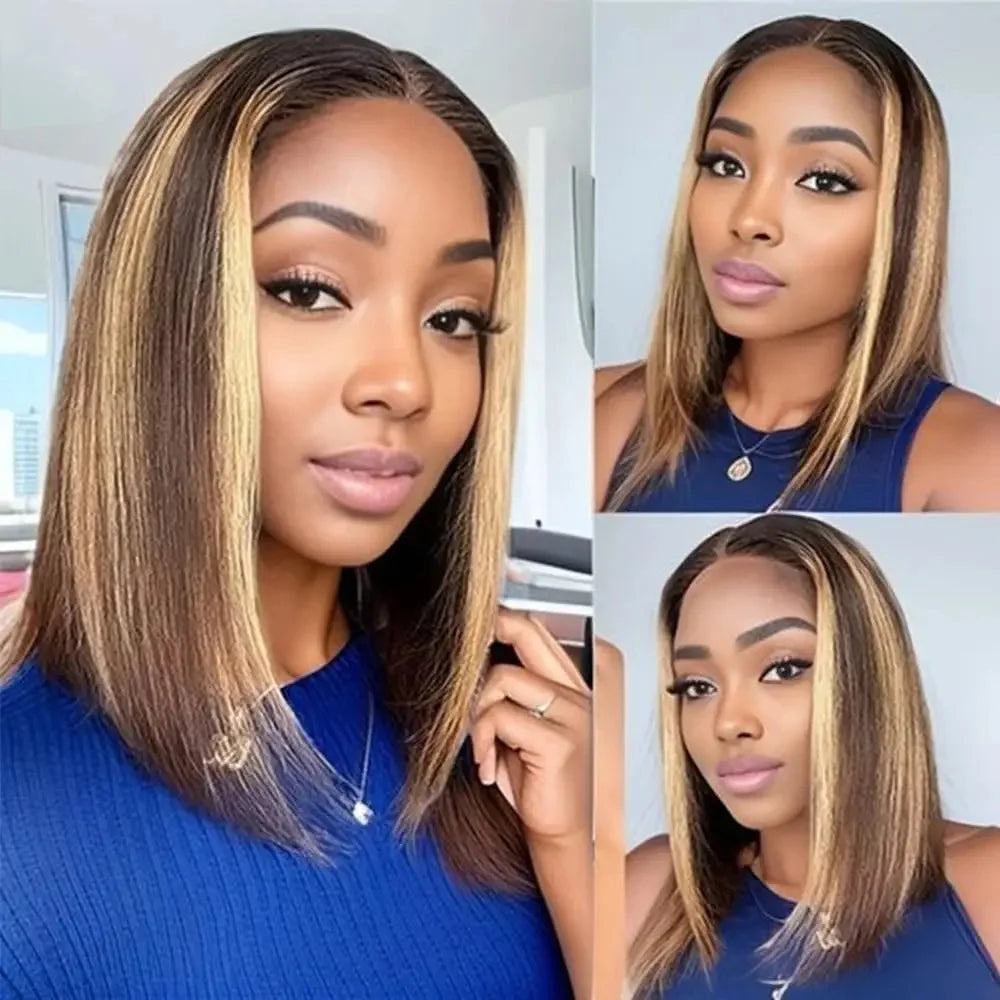 Straight Highlight Ombre Bob Wigs Human Hair 4/27 Honey Brown 13x4 Transparent Lace Front Human Hair Brazilian Wig Density200%