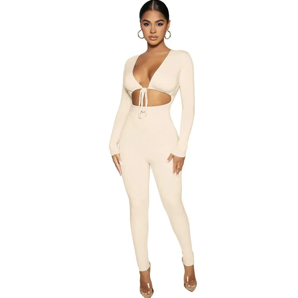 Summer Y2K Streetwear Women's Sexy Hollow Out Jumpsuits Bandage Tie Long Sleeve Bodycon Playsuits Women Clothes Gothic Rompers