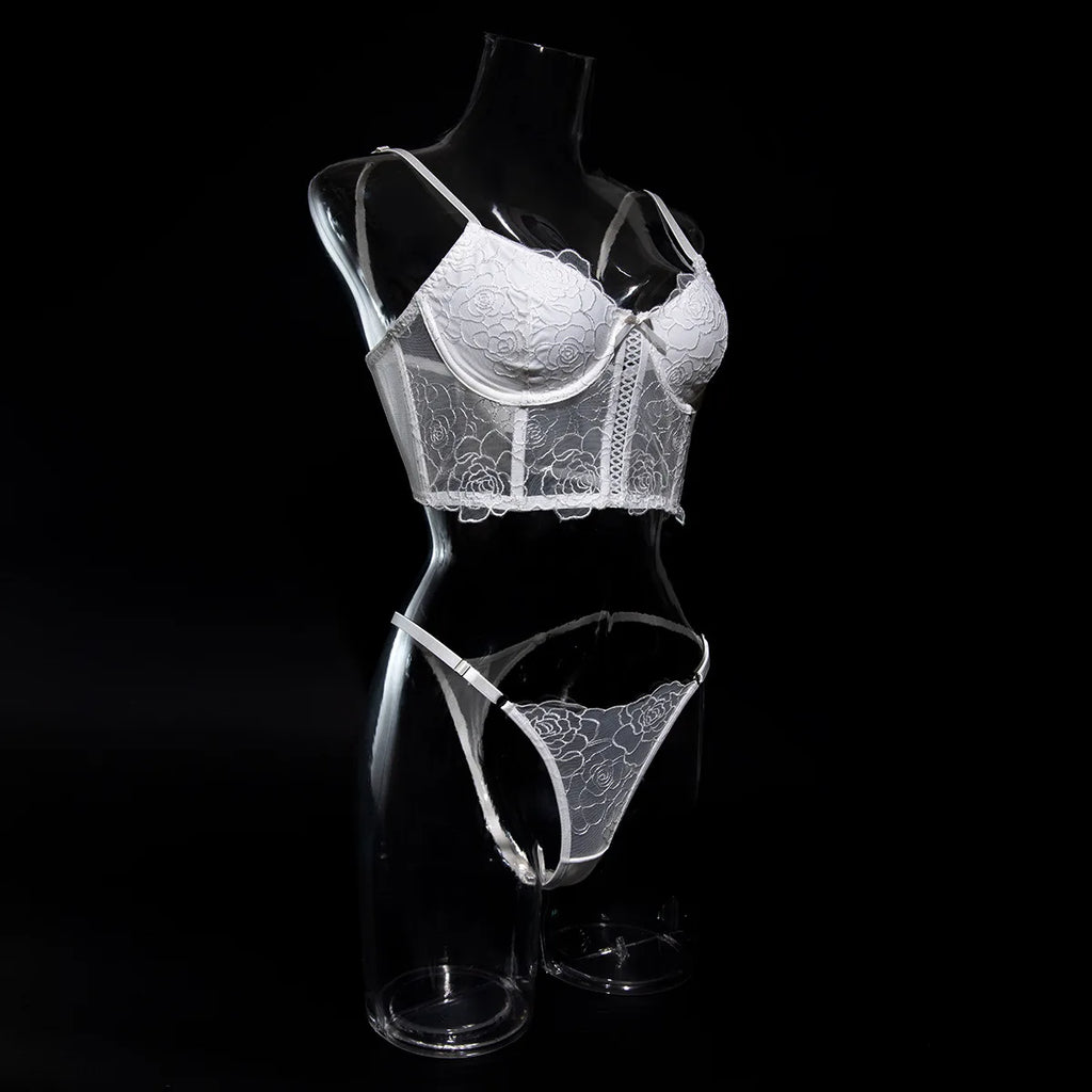 Krasapt White Floral Embroidered Fishbone Bras And Panties Sexy Lingerie Sets Transparent Mesh Patchwork Erotic Underwear Suit