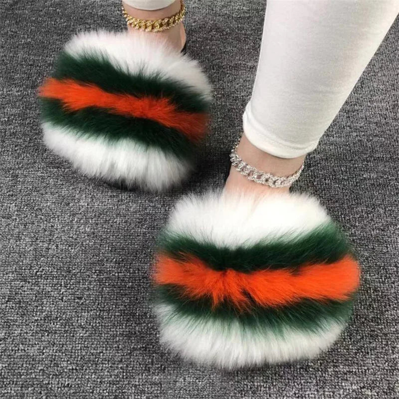 Women Summer Real Fox Fur Slippers Colorful Real Fur Slippers Flat Bottomed Anti Slip Fur Ladies Shoes Outdoor Designer Shoes