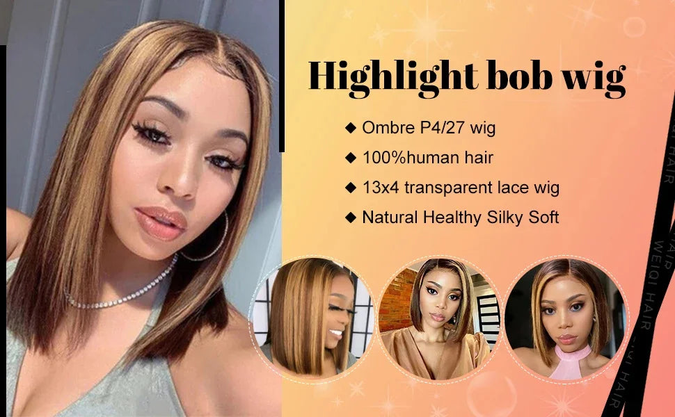 Straight Highlight Ombre Bob Wigs Human Hair 4/27 Honey Brown 13x4 Transparent Lace Front Human Hair Brazilian Wig Density200%