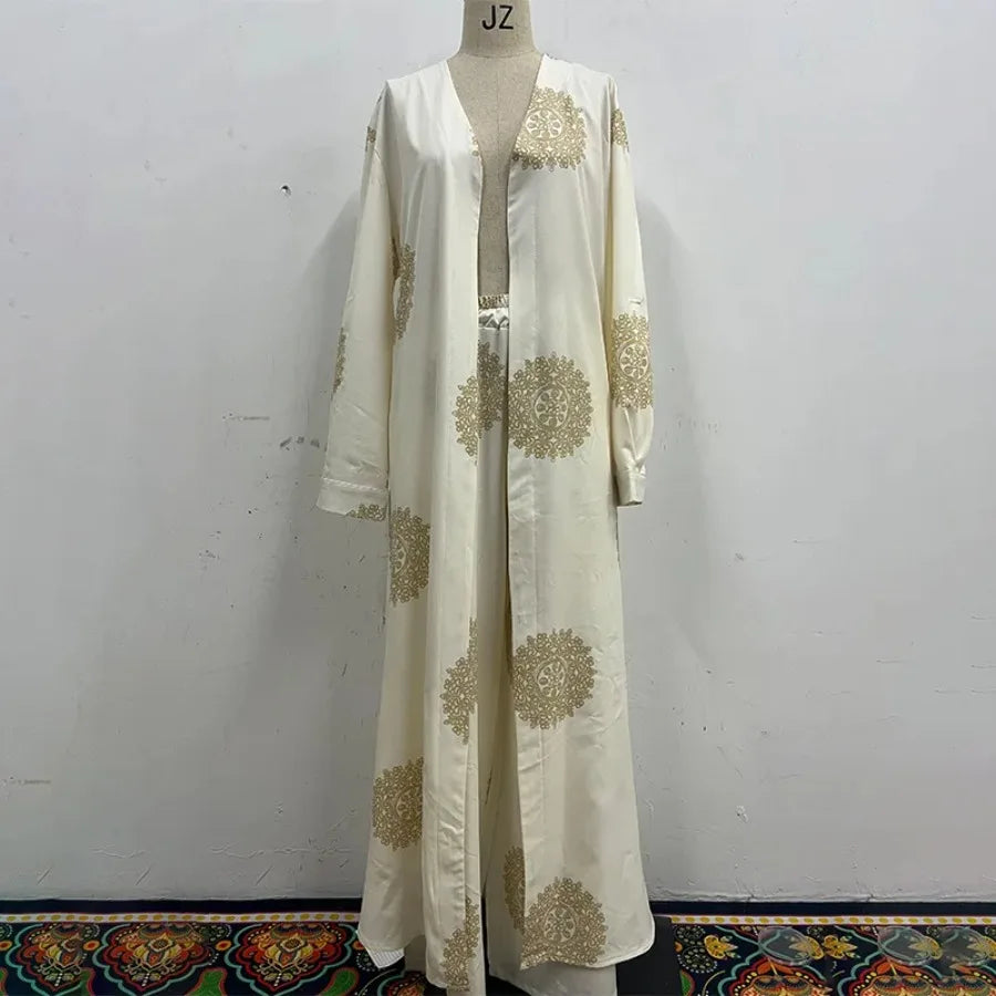 Eid Muslim Suits Women Print Blouses Wide Leg Pants Set Two Piece Musulman Ensemble Dubai Arabic Morocco Islam Casual Ramadan