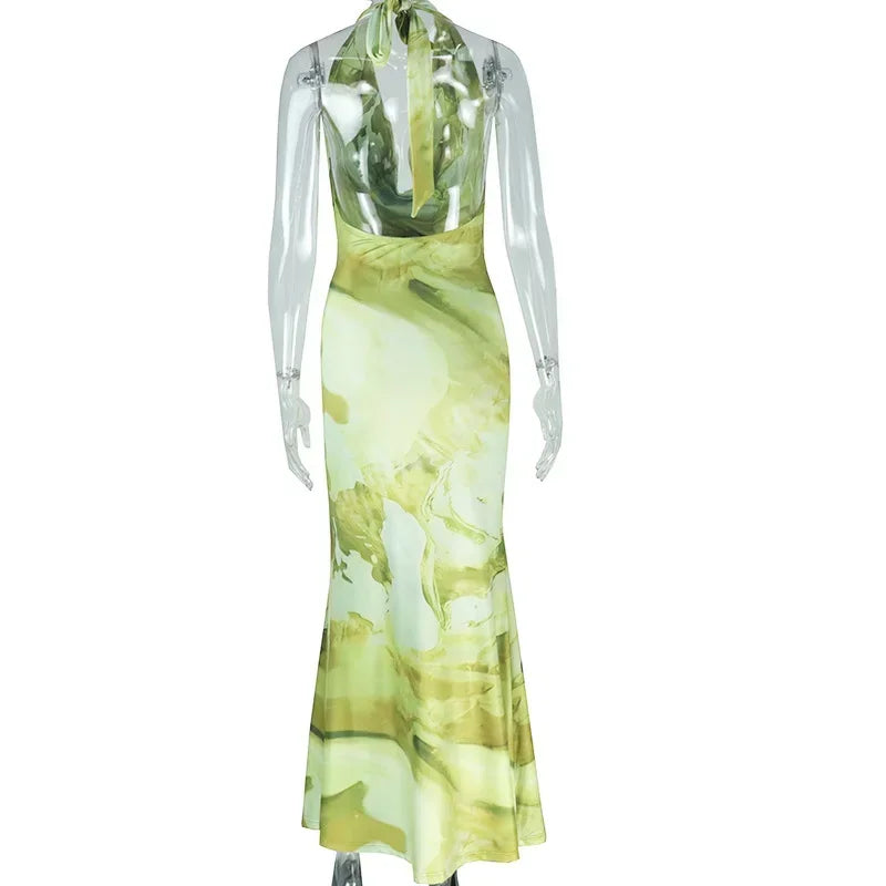 Women Sleeveless Ruched Halter V-neck High Waist Long Maxi Dress Print Birthday Night Club Party Vestidos Sexy Dresses