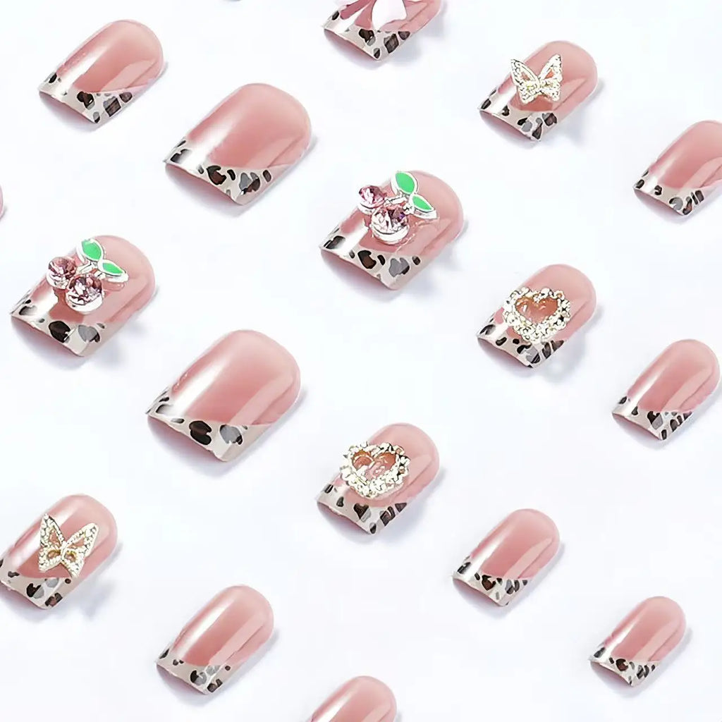 24pcs Short Square Leopard French Press On Nails y2k Nude Pink False Nails With 3D Cherry Crystal/Butterfly/Bow Charms Fake Nail