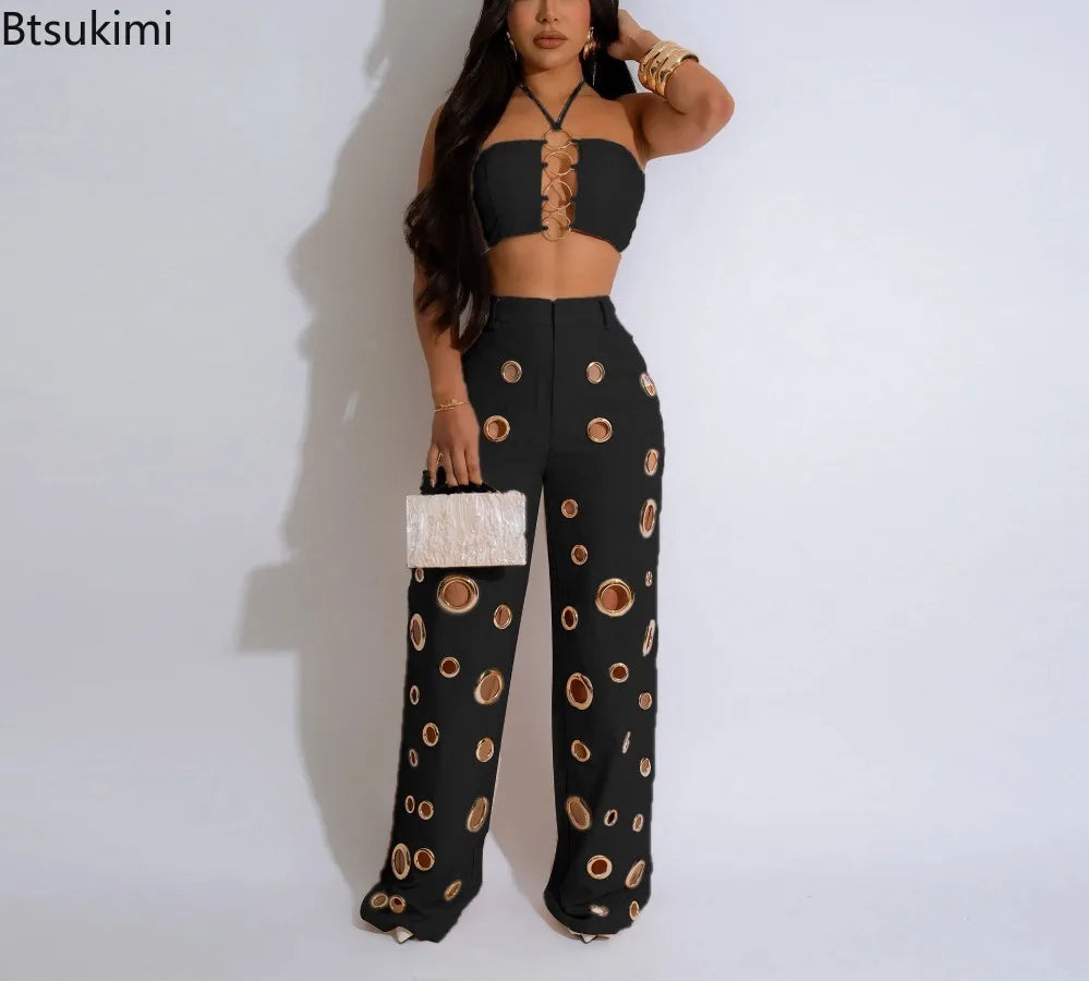 Metal Ring Hollow Out Two Piece Set Women Sexy Strapless Lace Up Halter Backless Crop Tops + Wide Leg Pants Casual Street Suits