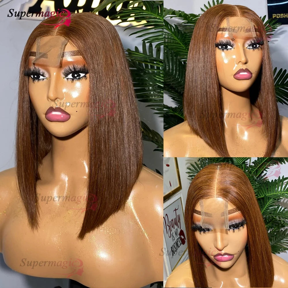 Double Drawn 2x6 HD Glueless Bone Straight Bob Wigs Raw Vietnamese Virgin Human Hair Short Chocolate Brown Bob Wigs for Women