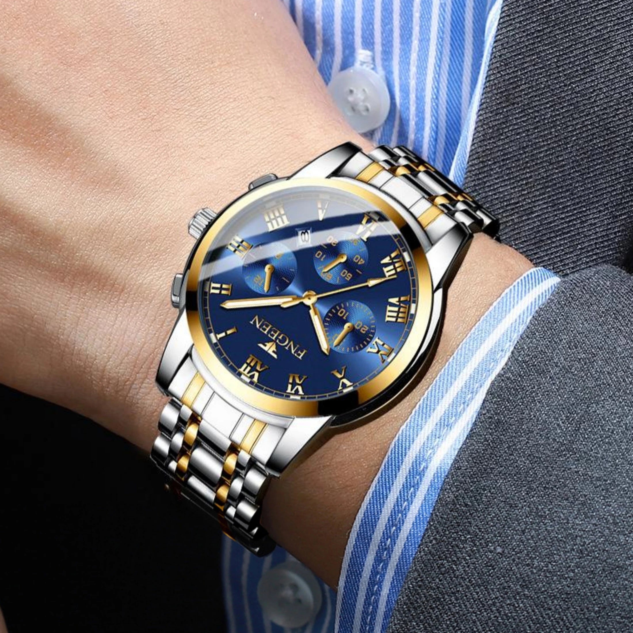 Couple Watches with Stainless Steel Strap, Roman Scale, Blue Dial, Calendar Display, Waterproof Quartz for Men and Women, Sm, 2P