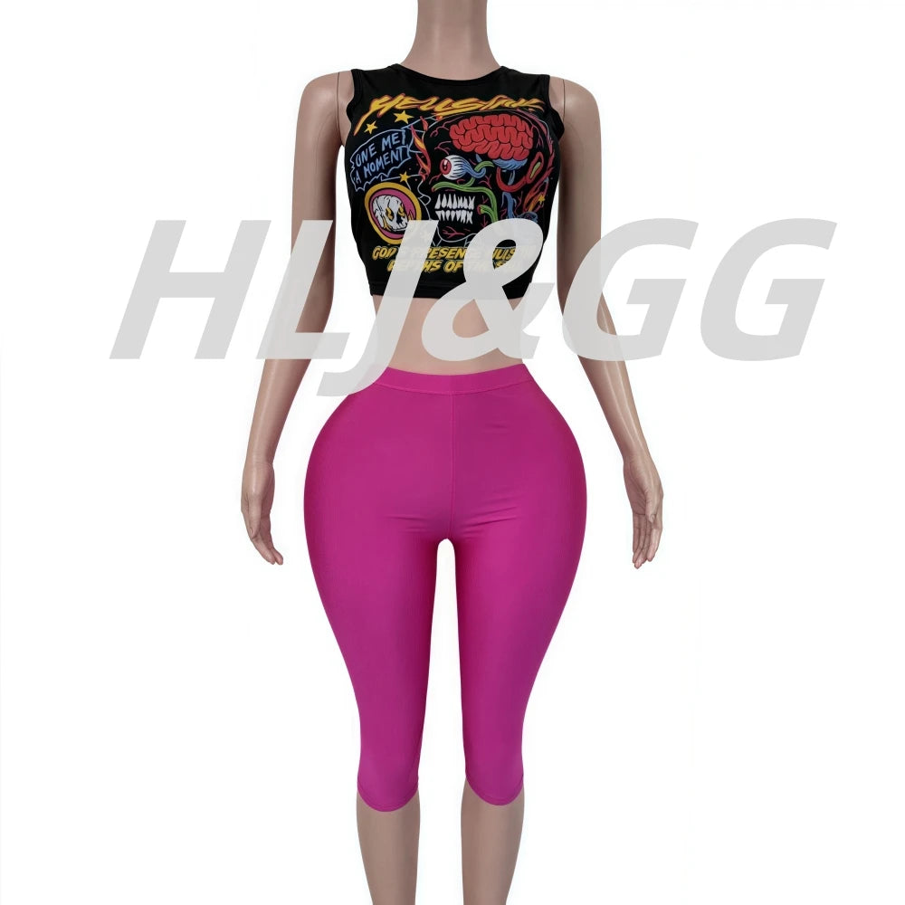 HLJ Fashion Y2K Pattern Print Two Piece Sets Women Round Neck Sleeveless Top+Skinny Shorts Outfits Trend Female 2pcs Streetwear