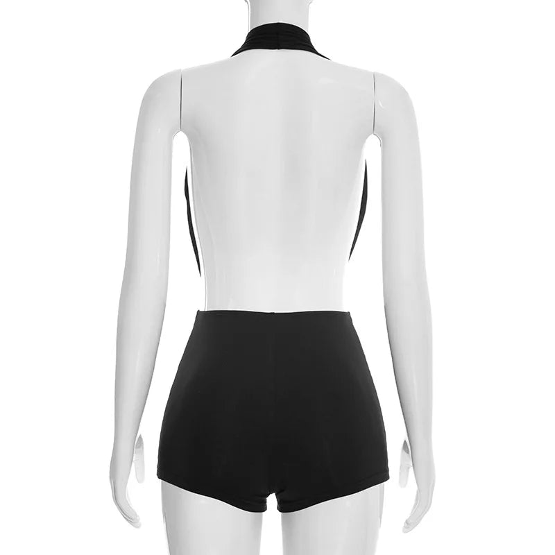HLJ Sexy Deep V Neck Bodycon Romper for Women Black Halter Sleeveless Backless Shorts Jumpsuit Female Club Party Streetwear New