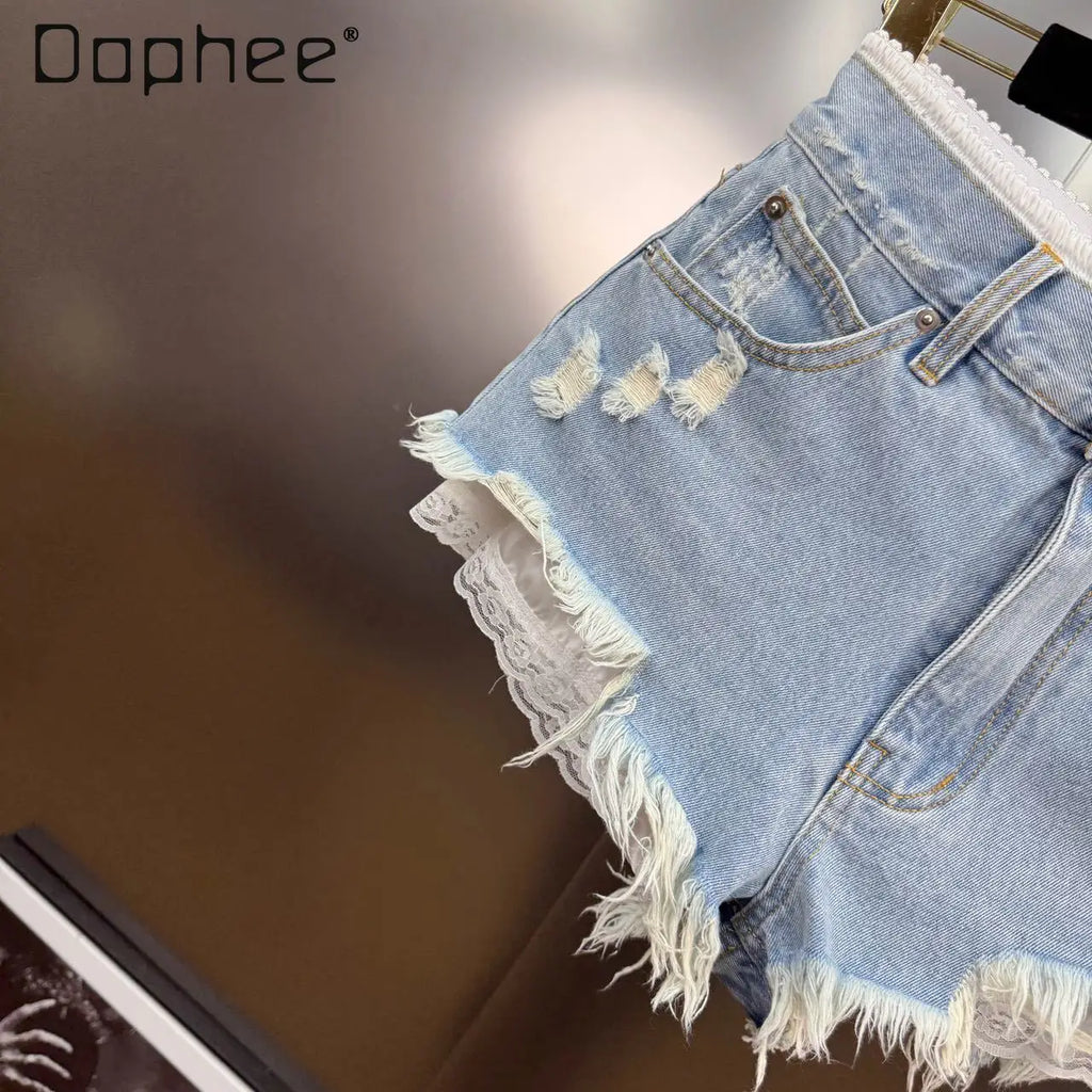Summer 2025 New French Retro Lace Splicing Ripped Rough Edge Fake Two-piece Denim Shorts Spice Girl Y2K High-waisted Slim Jeans