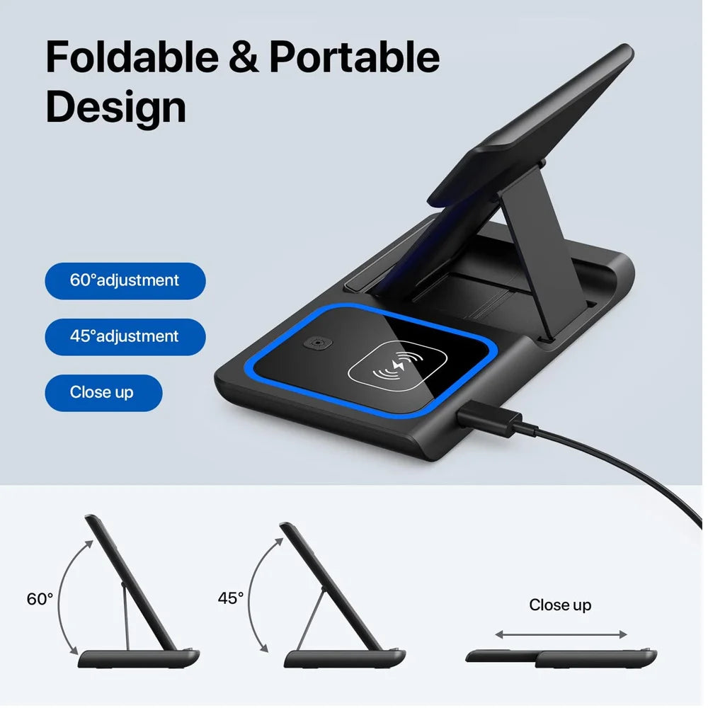 LED Fast Wireless Charger Stand 3 in 1 Foldable Charging Station For iPhone17/16/15/14Apple Watch 9 8 7 6 5 Airpods Pro