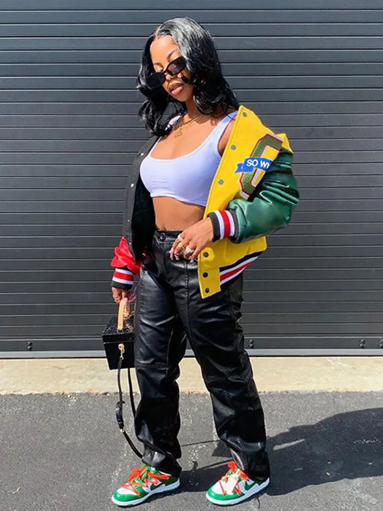 Women Patchwork Contrast Color Letter Embroidery Jackets 2025 Fashion Single Breasted Coat Female Full Sleeve Streetwear XS-4XL