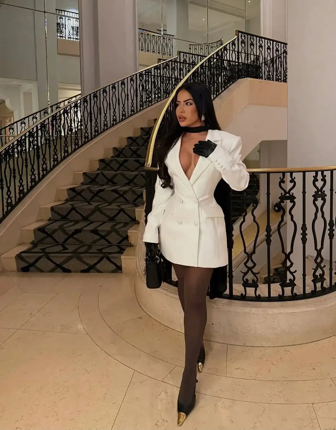 Chic Waist Cinching Women Mini Dress Fashion Full Sleeve Deep V-neck Double Breasted Short Dresses Lady Daily Party Street Gown