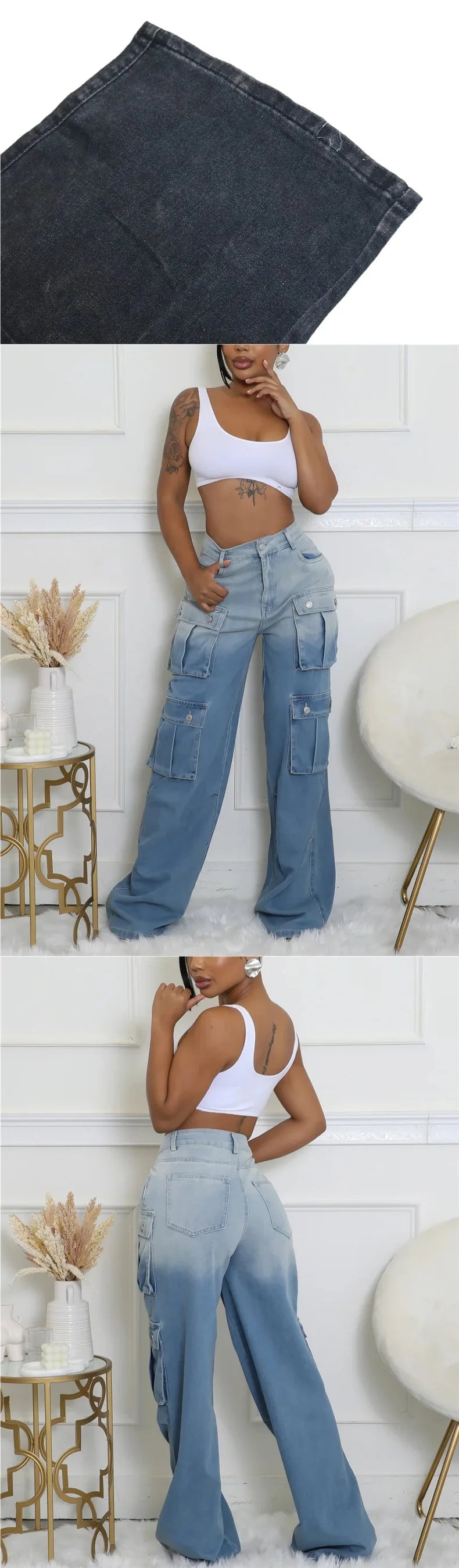 New Women's Casual Multi-pockets Denim Pants Spring Fashion High Waist Wide Leg Jeans Hip Hop Streetwear Females Baggy Trousers