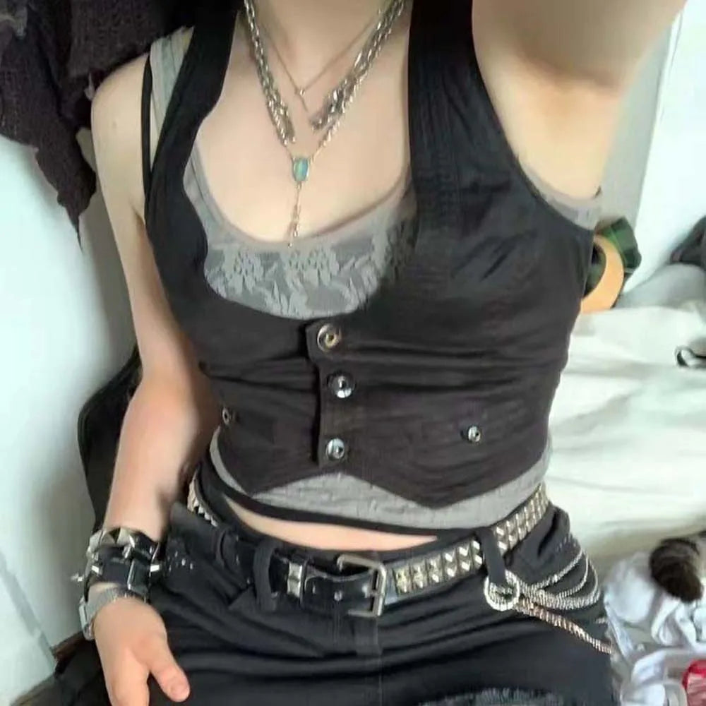Sleeveless Women Waistcoat Cropped Tops Suit Vest Buttons Breasted Vest Jacket Dressy Waistcoat Punk Style Corsetier
