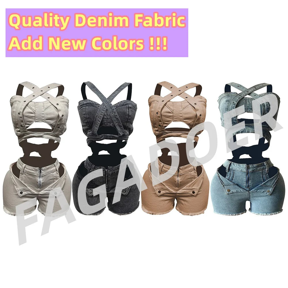 FAGADOER Summer New Sexy Denim 2 Piece Sets Woman Outfit  Y2k Streetwear Spaghetti Strap Sleeveless Crop Top and Shorts Suit