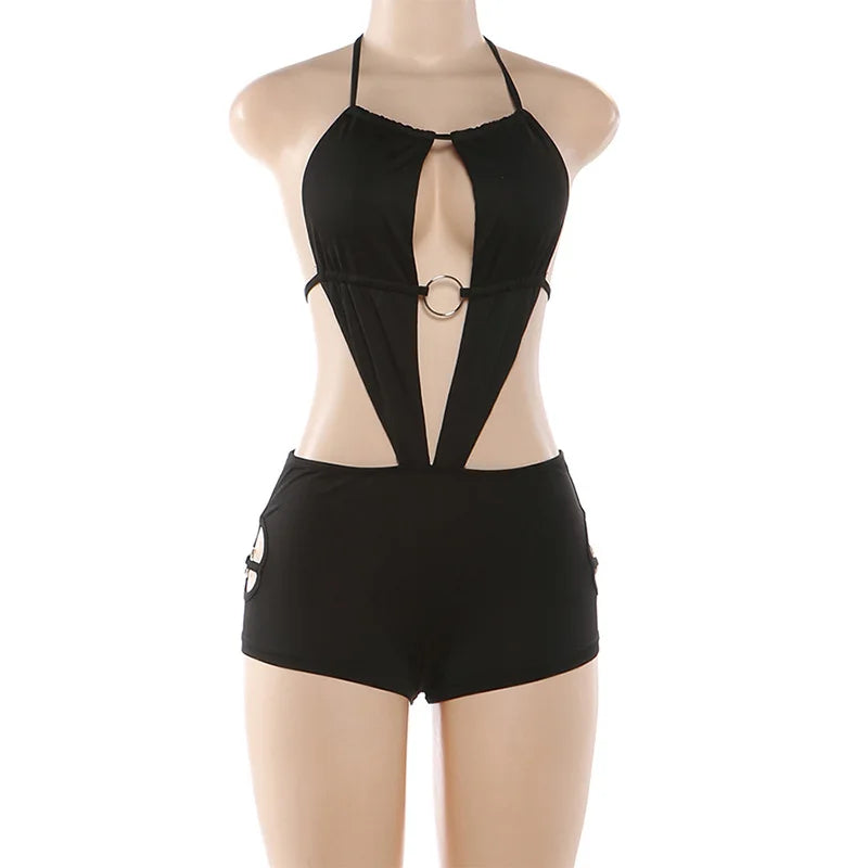 HLJ Sexy Deep V Neck Bodycon Romper for Women Black Halter Sleeveless Backless Shorts Jumpsuit Female Club Party Streetwear New