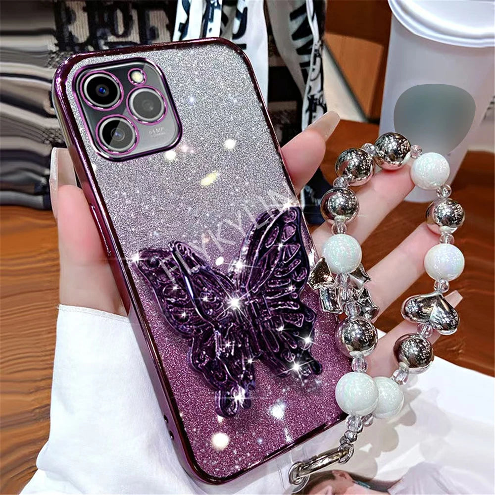 3D Butterfly Phone Holder Bead Bracelet Glitter Plating Case For iPhone 16 15 13 12 11 14 Pro Max XS Max XR 7 8 Plus Stand Cover