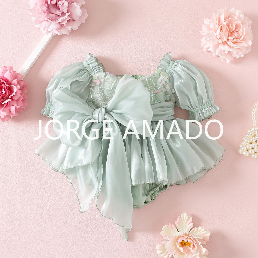 New Summer Bodysuit for Baby Girl Square Collar Sequined Large Bow Sleeveless Princess Jumpsuit Newborn Sweet Romper H1518