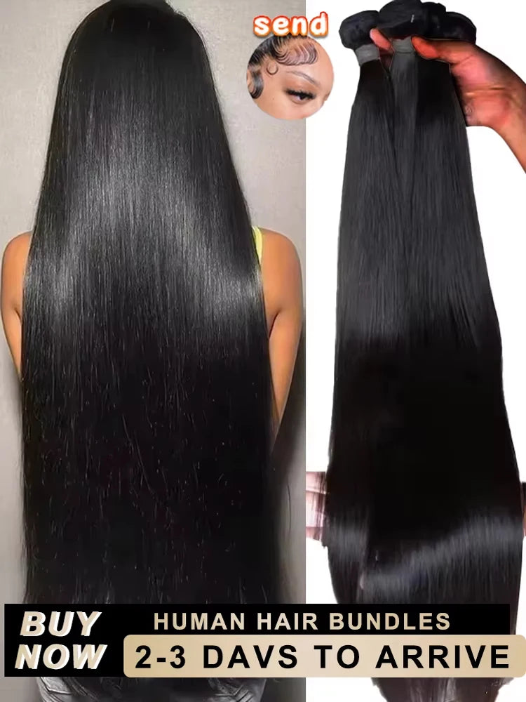 36 38 Inch Straight Bundles Real Human Hair Brazilian Virgin Hair 1 3 4 Pcs Raw Remy Hair Bundles Extensions Natural Black Color