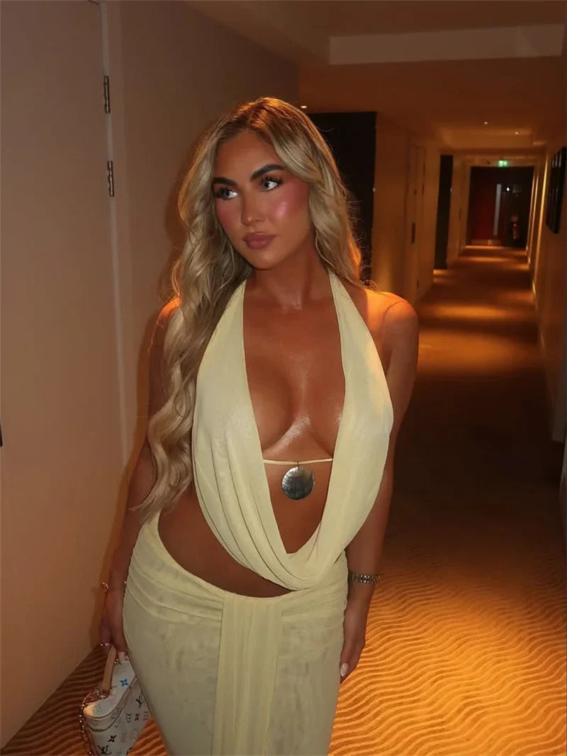 Sexy Dress Set Women Halter Crop Top And Maxi Skirt Matching Sets Female Elegant Beach Club Party Skirt Two Piece Set
