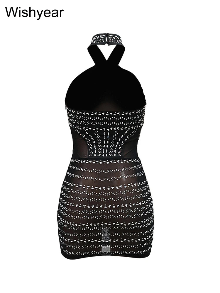 Sexy Halter Backless Sleeve Bodycon Mini Dress Black Sheer Mesh Rhinestone Party Birthday Summer Night Club Women Prom Vestidos