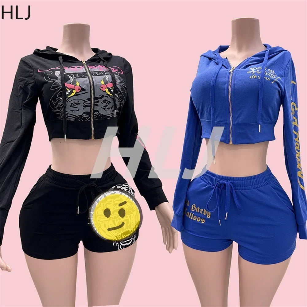 HLJ&GG Fashion Y2K Pattern Print Hooded Two Piece Sets Outfits Women Zipper Long Sleeve Crop Top And Shorts Tracksuit Streetwear