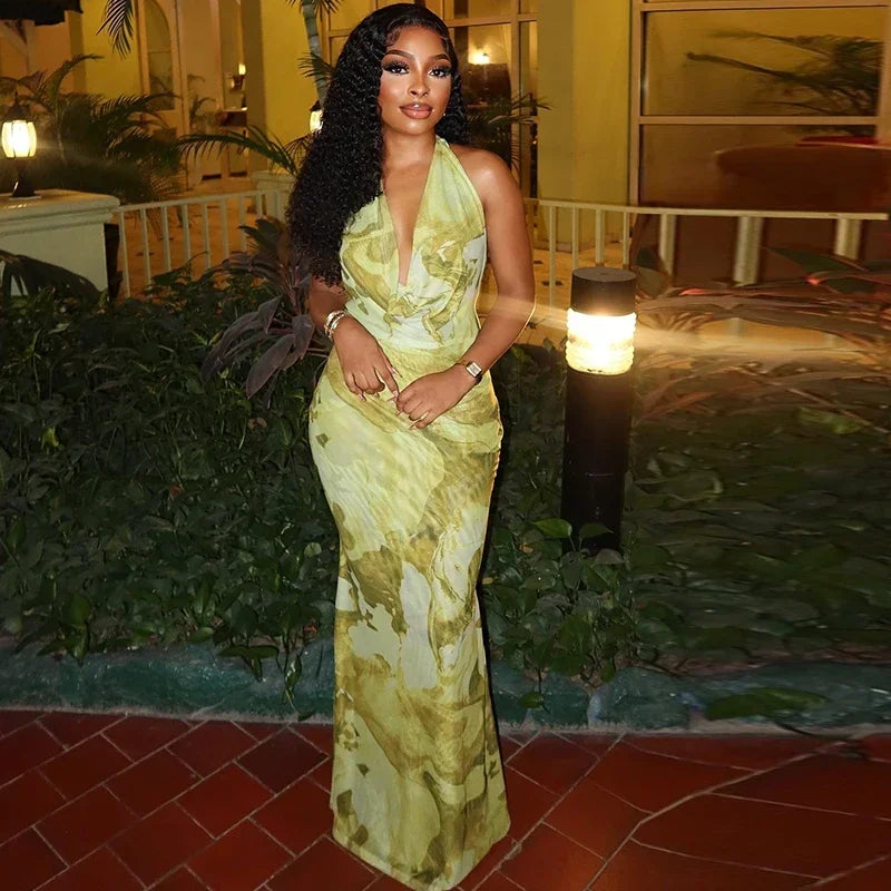 Women Sleeveless Ruched Halter V-neck High Waist Long Maxi Dress Print Birthday Night Club Party Vestidos Sexy Dresses