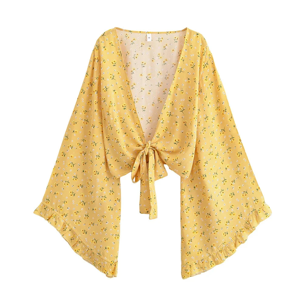 Boho Queens Fashion Women Floral 2025 Beach Summer Short Kimono Ruffles Flare Sleeves Vacation Bohemian Bikini Boho Cover-ups