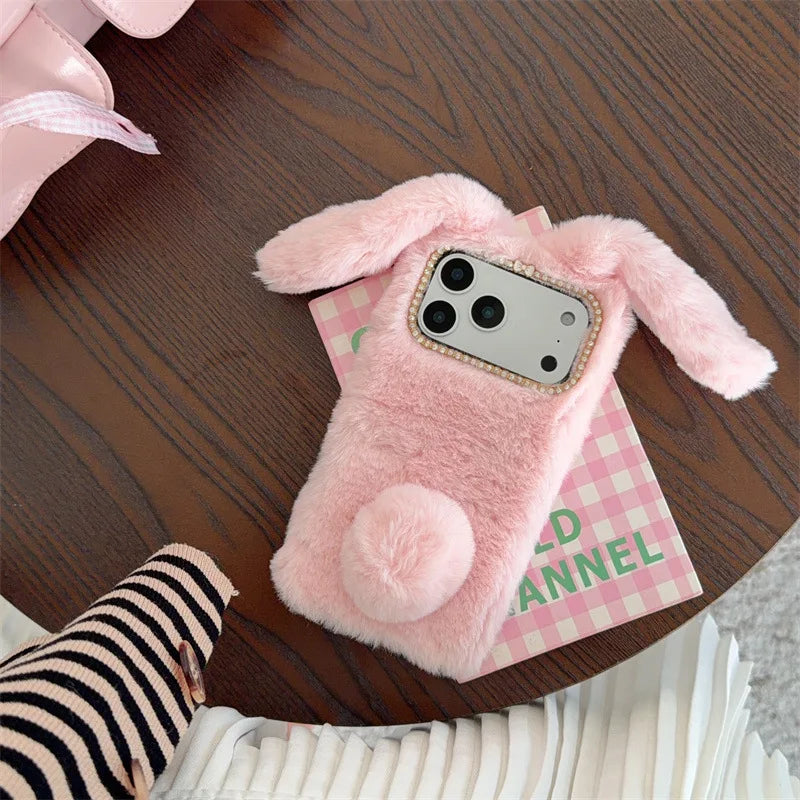 3D Cute Rabbit Ears Warm Furry Plush Bunny Phone Case For iPhone 17 Air 16 15 14 13 12 11 Pro Max XS XR X Plus Shockproof Cover